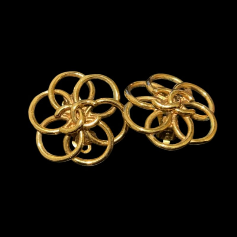 CHANEL Coco Mark Rhinestone Clip-On Earrings Gold Alloy