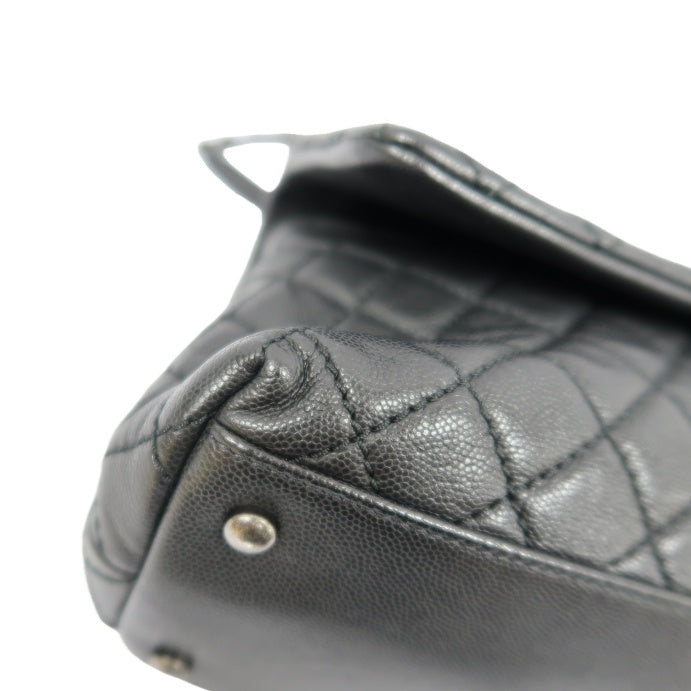 CHANEL Black Caviar Leather 2-Way Chain Top Handle Shoulder Handbag with Silver Hardware & Authenticity Card