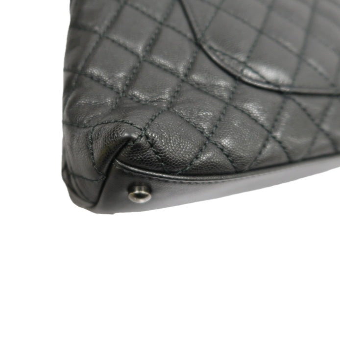 CHANEL Black Caviar Leather 2-Way Chain Top Handle Shoulder Handbag with Silver Hardware & Authenticity Card