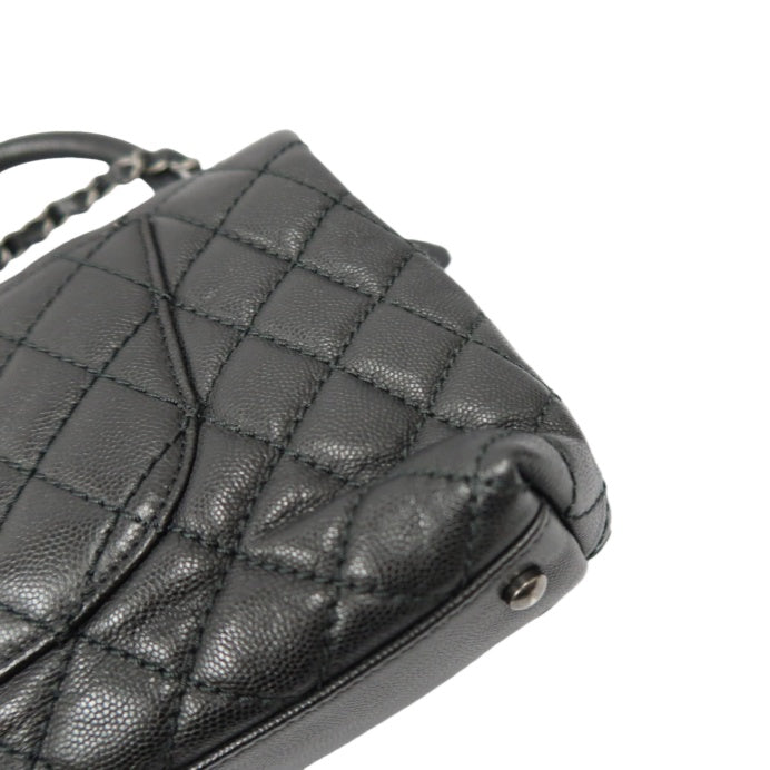 CHANEL Black Caviar Leather 2-Way Chain Top Handle Shoulder Handbag with Silver Hardware & Authenticity Card
