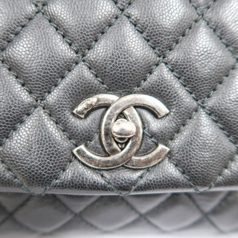 CHANEL Black Caviar Leather 2-Way Chain Top Handle Shoulder Handbag with Silver Hardware & Authenticity Card