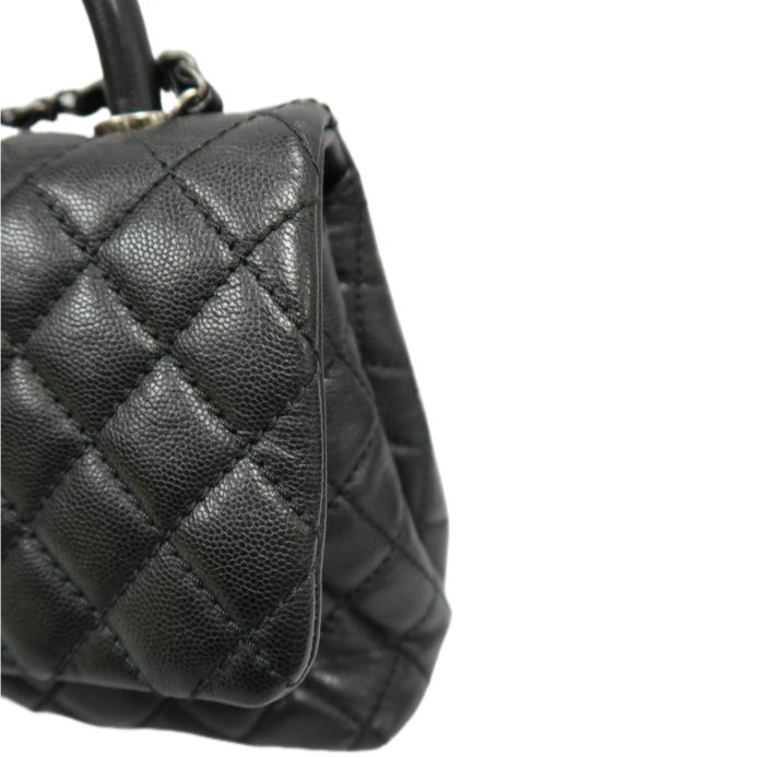 CHANEL Black Caviar Leather 2-Way Chain Top Handle Shoulder Handbag with Silver Hardware & Authenticity Card