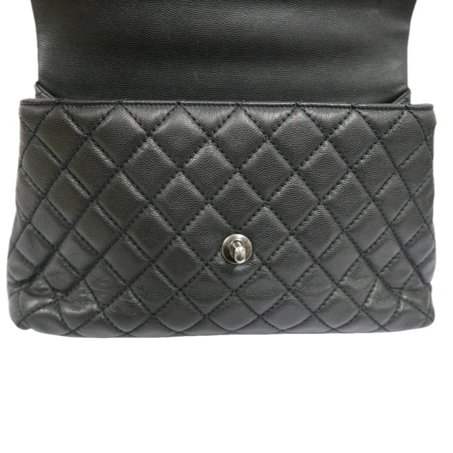 CHANEL Black Caviar Leather 2-Way Chain Top Handle Shoulder Handbag with Silver Hardware & Authenticity Card