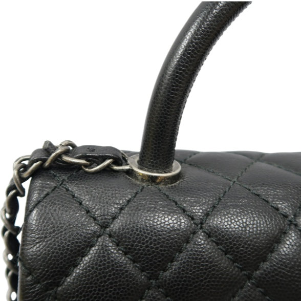 CHANEL Black Caviar Leather 2-Way Chain Top Handle Shoulder Handbag with Silver Hardware & Authenticity Card