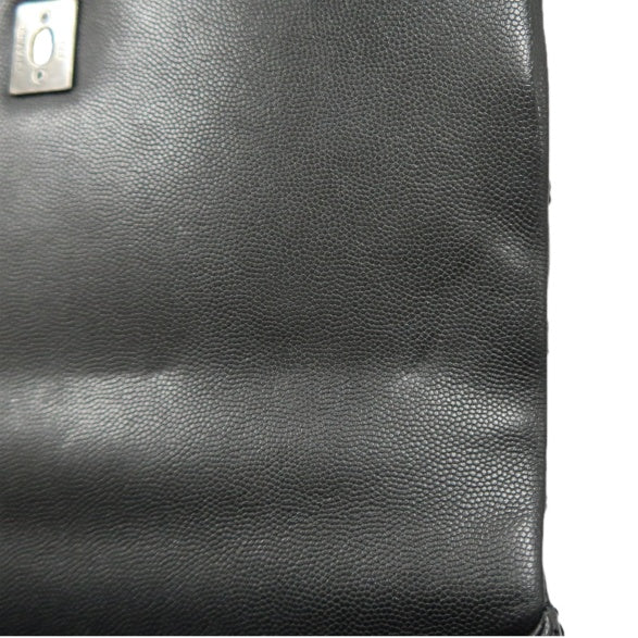 CHANEL Black Caviar Leather 2-Way Chain Top Handle Shoulder Handbag with Silver Hardware & Authenticity Card