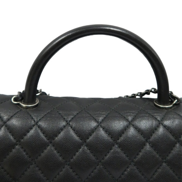 CHANEL Black Caviar Leather 2-Way Chain Top Handle Shoulder Handbag with Silver Hardware & Authenticity Card