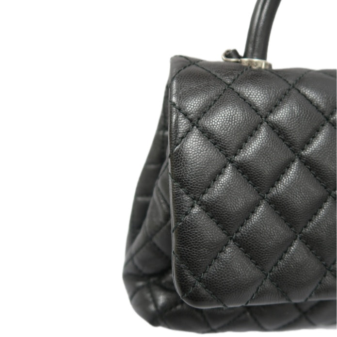 CHANEL Black Caviar Leather 2-Way Chain Top Handle Shoulder Handbag with Silver Hardware & Authenticity Card