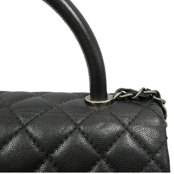 CHANEL Black Caviar Leather 2-Way Chain Top Handle Shoulder Handbag with Silver Hardware & Authenticity Card