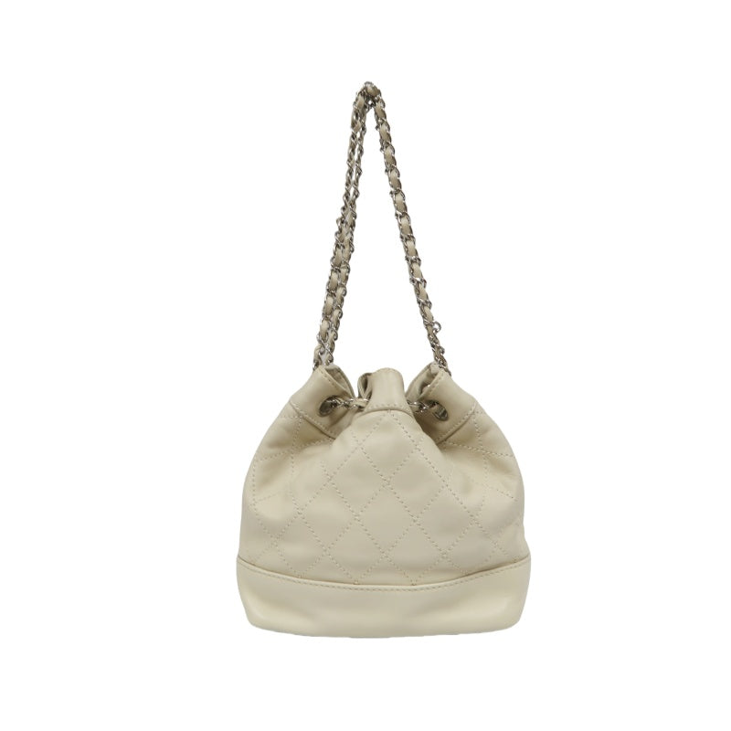 Chanel Drawstring Shoulder Bag Lambskin Chain Silver Hardware White Beige  Bucket Bag