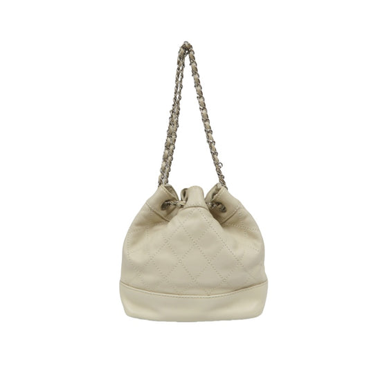 Chanel Drawstring Shoulder Bag Lambskin Chain Silver Hardware White Beige  Bucket Bag