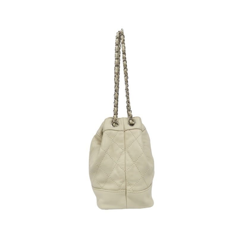Chanel Drawstring Shoulder Bag Lambskin Chain Silver Hardware White Beige  Bucket Bag