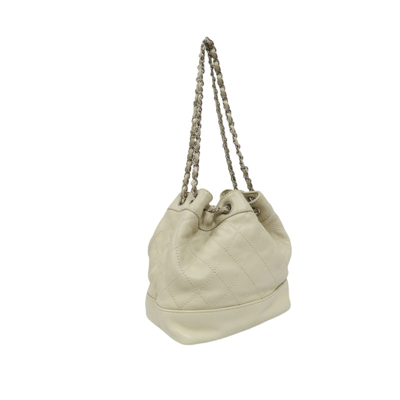 Chanel Drawstring Shoulder Bag Lambskin Chain Silver Hardware White Beige  Bucket Bag
