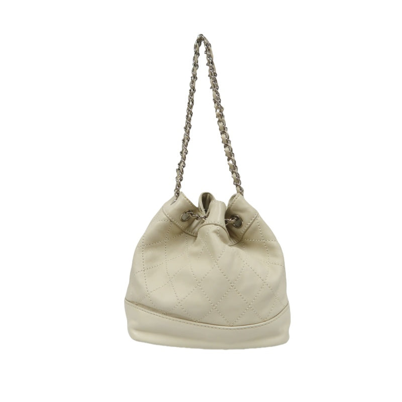 Chanel Drawstring Shoulder Bag Lambskin Chain Silver Hardware White Beige  Bucket Bag