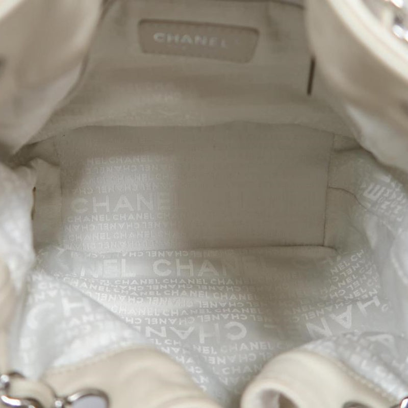 Chanel Drawstring Shoulder Bag Lambskin Chain Silver Hardware White Beige  Bucket Bag