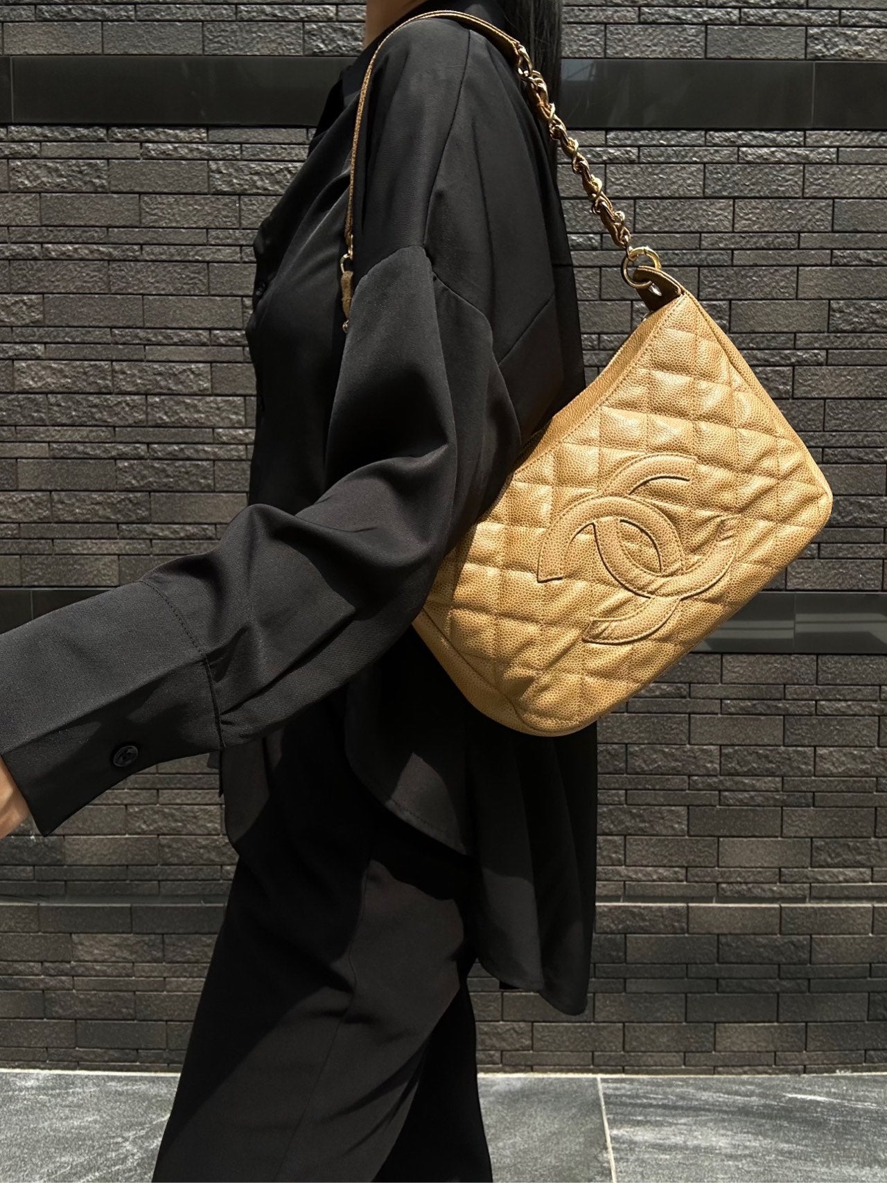 CHANEL Beige Caviar Leather Quilted Logo Chain Shoulder Bag with Gold Hardware