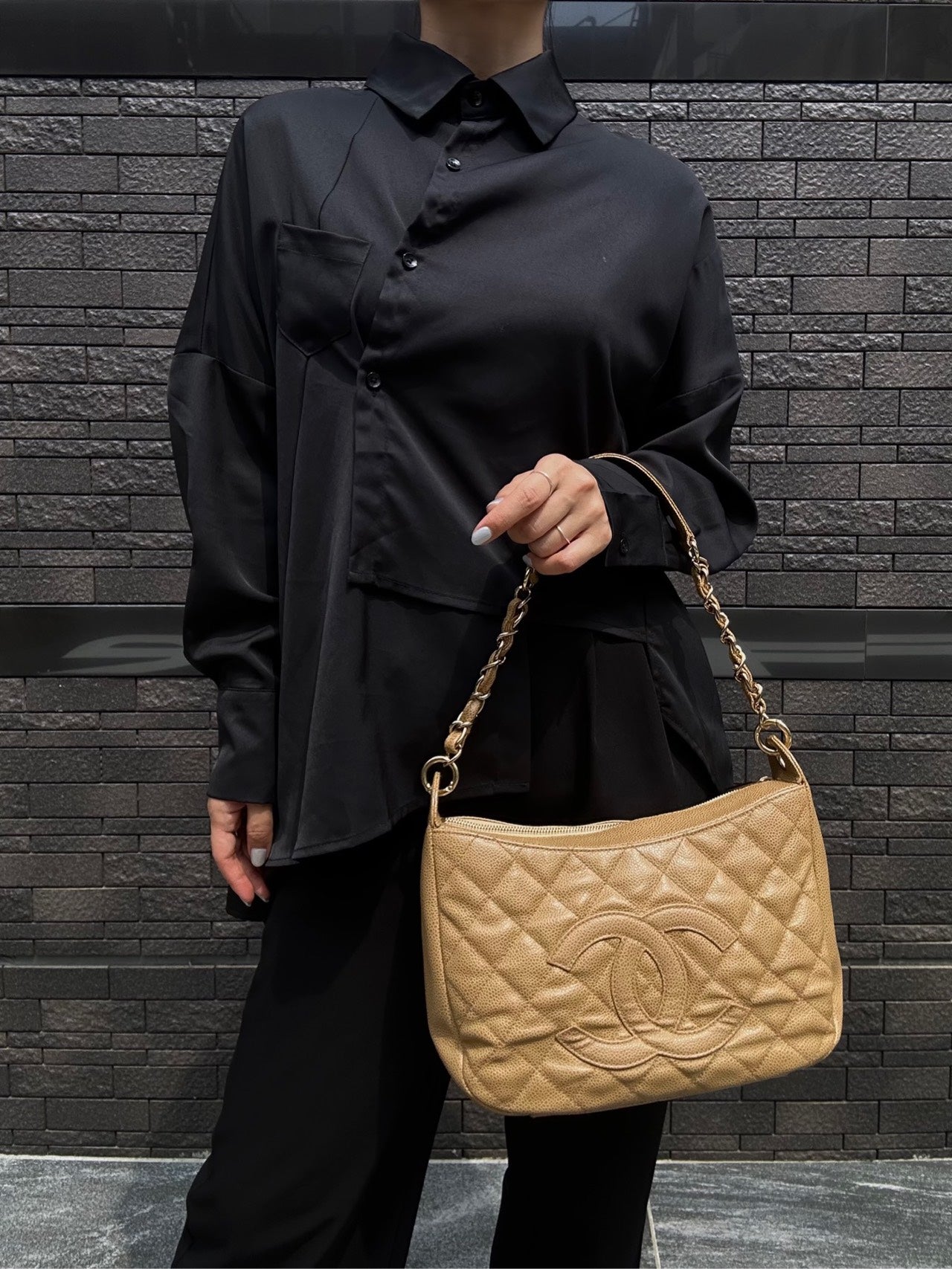 CHANEL Beige Caviar Leather Quilted Logo Chain Shoulder Bag with Gold Hardware