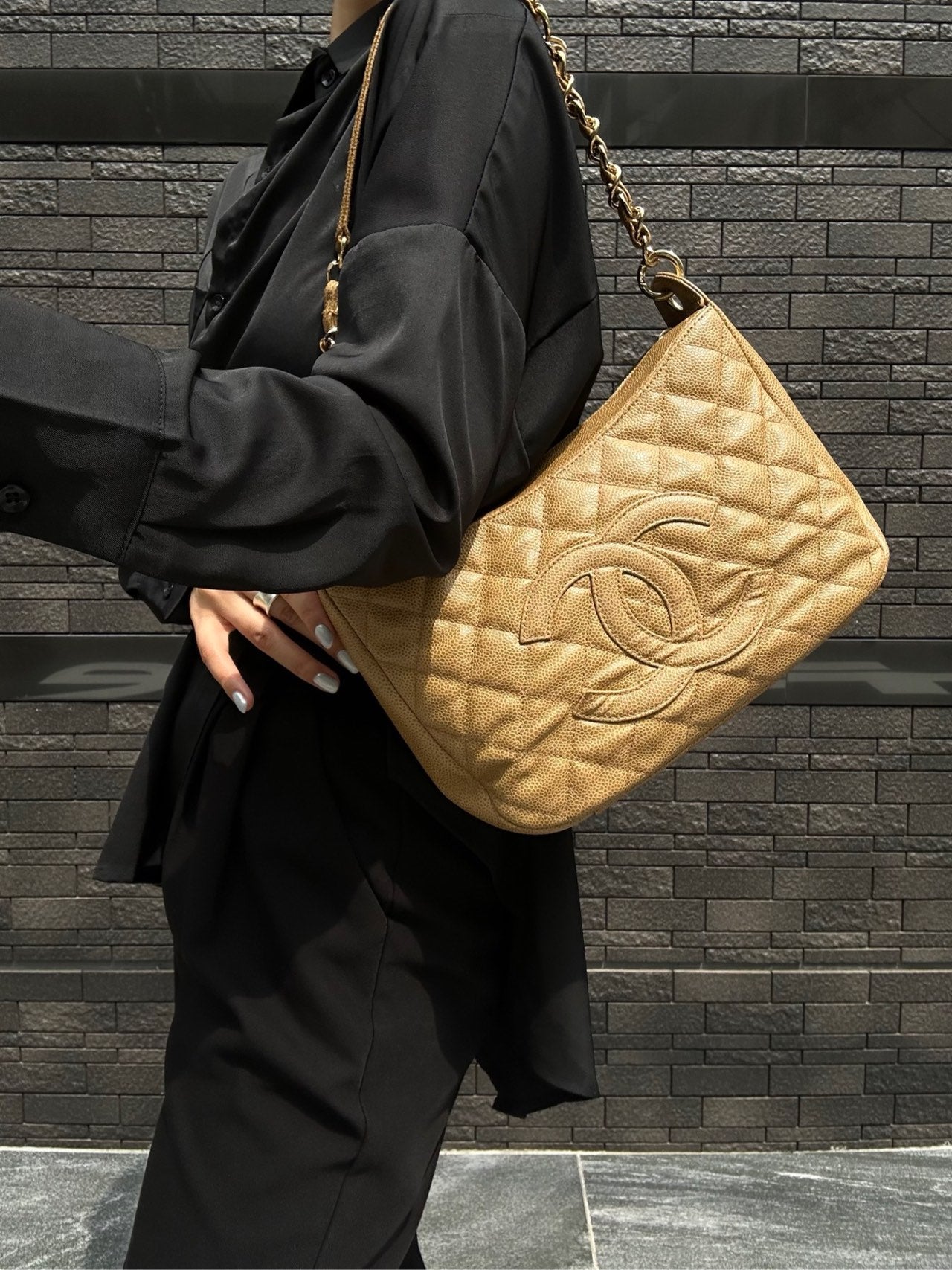CHANEL Beige Caviar Leather Quilted Logo Chain Shoulder Bag with Gold Hardware