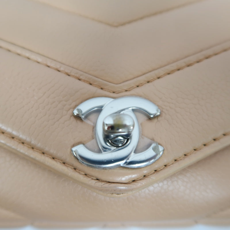 CHANEL Beige Lambskin Quilted V-Stitch Chain Shoulder Crossbody Bag with Silver Hardware & Authenticity Card