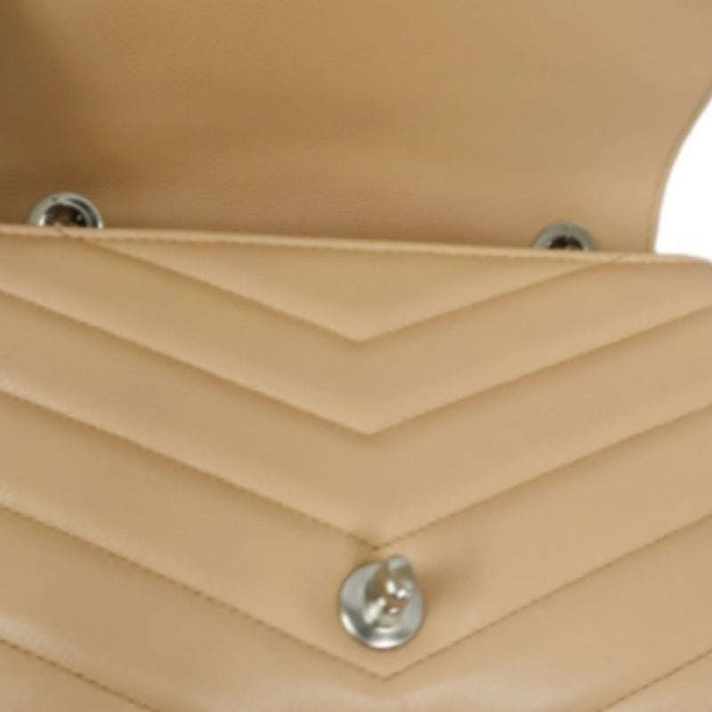 CHANEL Beige Lambskin Quilted V-Stitch Chain Shoulder Crossbody Bag with Silver Hardware & Authenticity Card