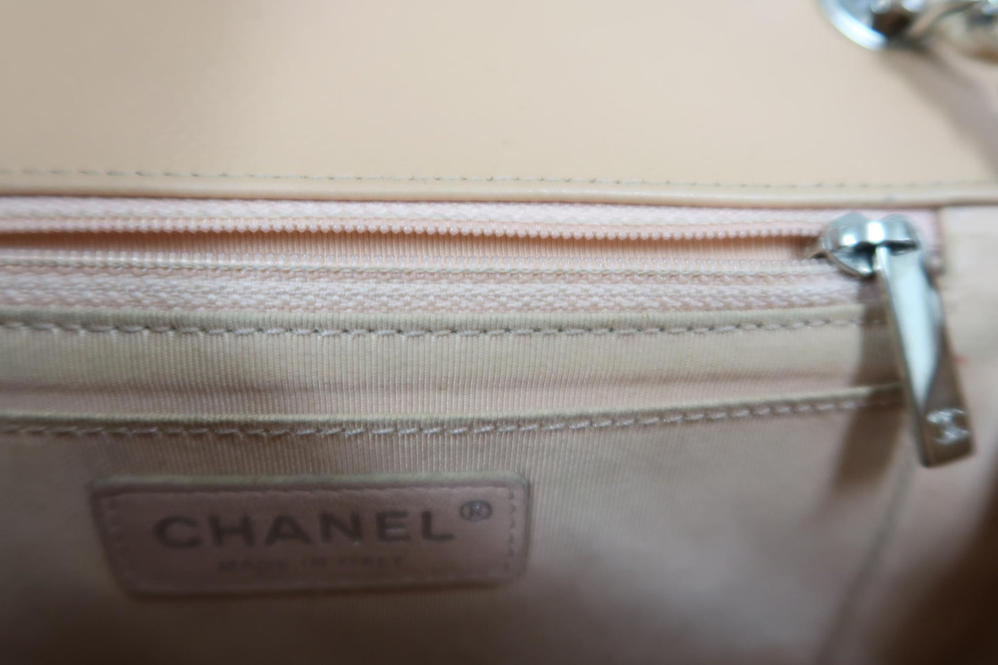 CHANEL Beige Lambskin Quilted V-Stitch Chain Shoulder Crossbody Bag with Silver Hardware & Authenticity Card
