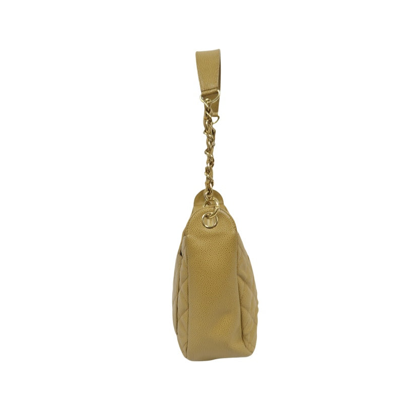 CHANEL Beige Caviar Leather Quilted Logo Chain Shoulder Bag with Gold Hardware