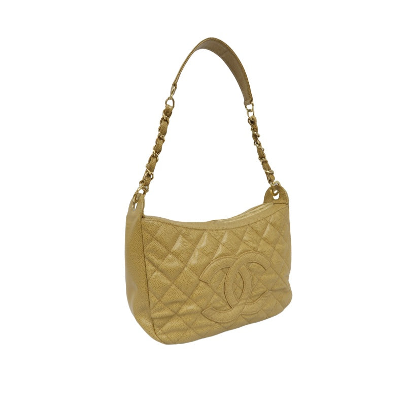 CHANEL Beige Caviar Leather Quilted Logo Chain Shoulder Bag with Gold Hardware