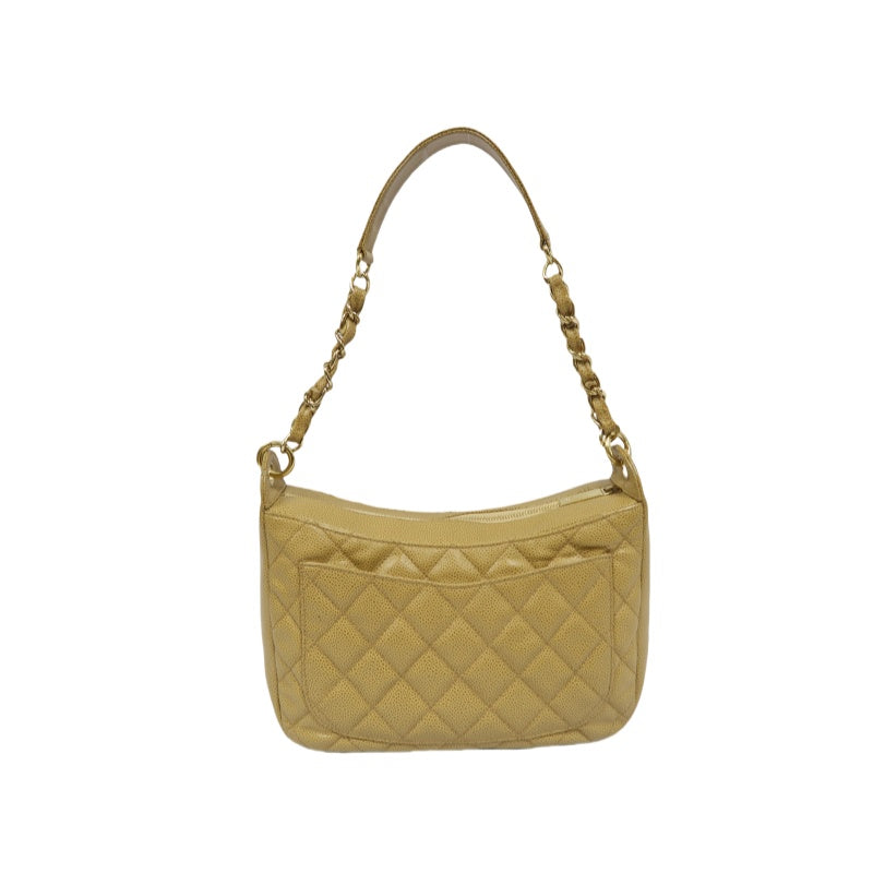 CHANEL Beige Caviar Leather Quilted Logo Chain Shoulder Bag with Gold Hardware
