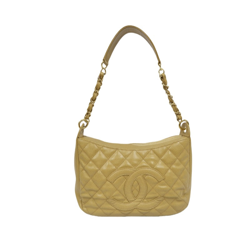 CHANEL Beige Caviar Leather Quilted Logo Chain Shoulder Bag with Gold Hardware