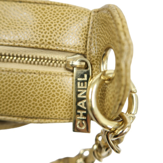 CHANEL Beige Caviar Leather Quilted Logo Chain Shoulder Bag with Gold Hardware