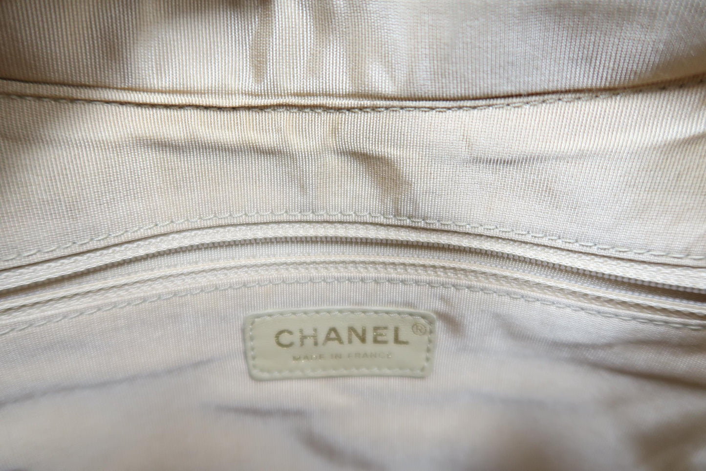 CHANEL Beige Caviar Leather Quilted Logo Chain Shoulder Bag with Gold Hardware