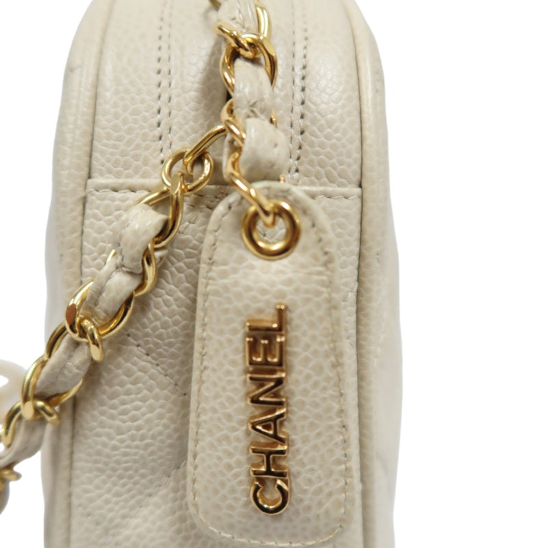 CHANEL White Caviar Leather Quilted Coco Mark Chain Shoulder Crossbody Bag with Dust Bag & Silk Scarf