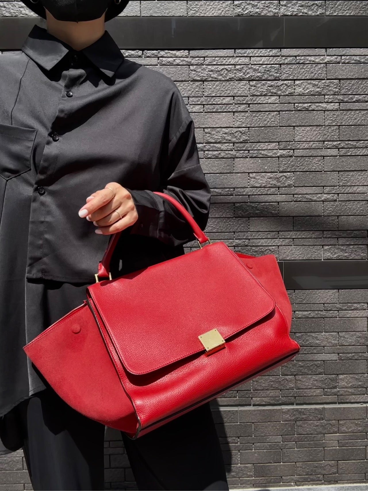 CELINE Trapeze Handbag, Red Leather, Includes Short Shoulder Strap