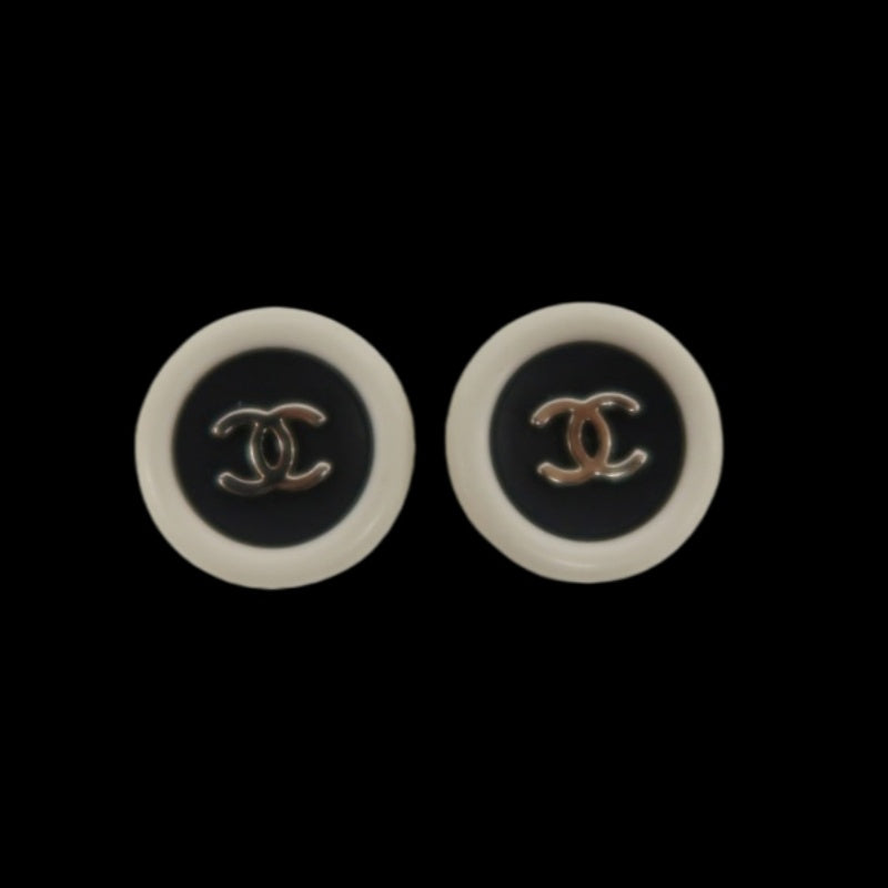 CHANEL White Black Clip-On Earrings Alloy