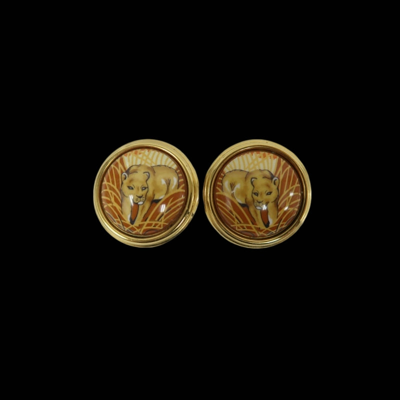 HERMES Tiger Clip-On Earrings Gold Plated Gold Alloy With Box