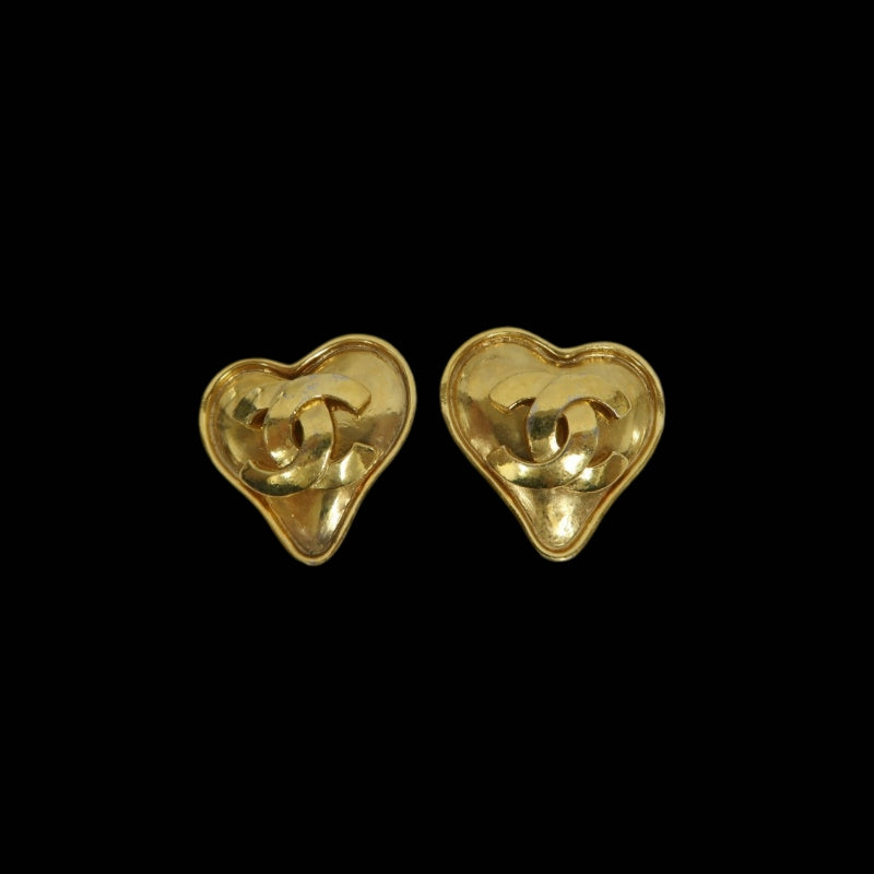 CHANEL Earrings, Coco Mark, Heart Design, 95P, Gold Tone, Alloy, Clip-On