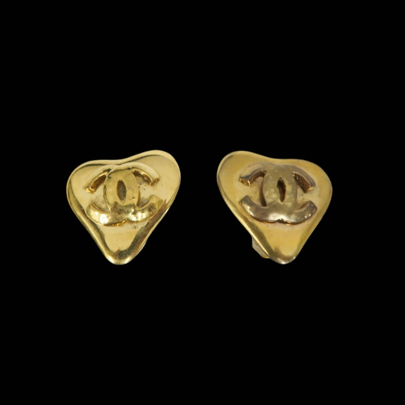 CHANEL Earrings, Coco Mark, Heart Design, Gold Hardware, Gold Tone Alloy, Clip-On