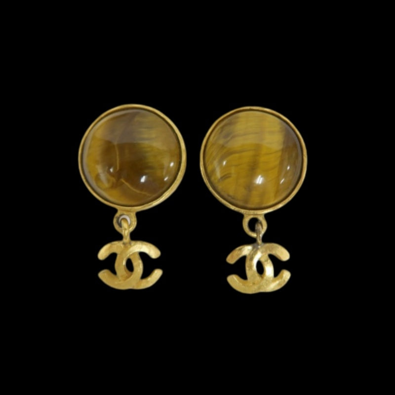 CHANEL Earrings, Gold Plated, Brown Stone, Alloy, Clip-On