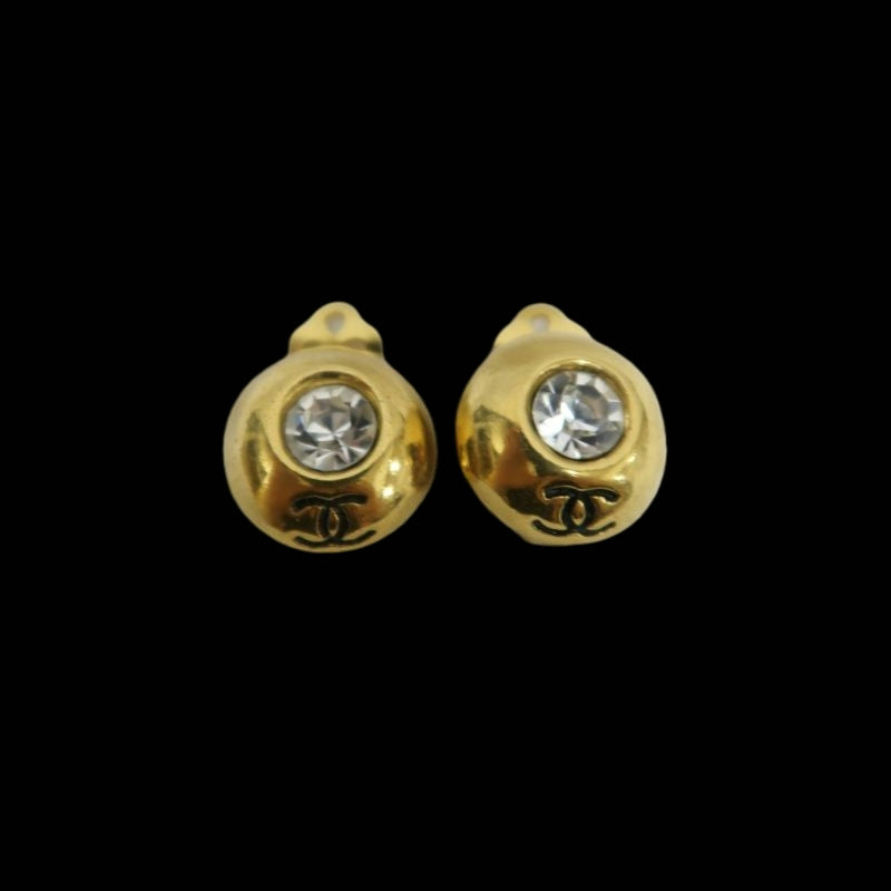 CHANEL Coco Mark Rhinestone Clip-On Earrings Gold Alloy