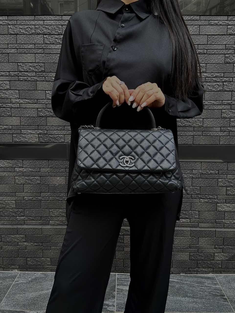 CHANEL Black Caviar Leather 2-Way Chain Top Handle Shoulder Handbag with Silver Hardware & Authenticity Card