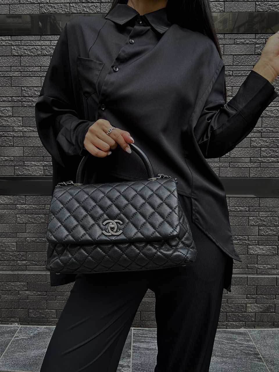 CHANEL Black Caviar Leather 2-Way Chain Top Handle Shoulder Handbag with Silver Hardware & Authenticity Card