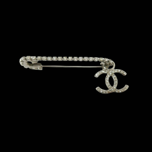CHANEL Coco Mark Rhinestone Brooch Silver Hardware