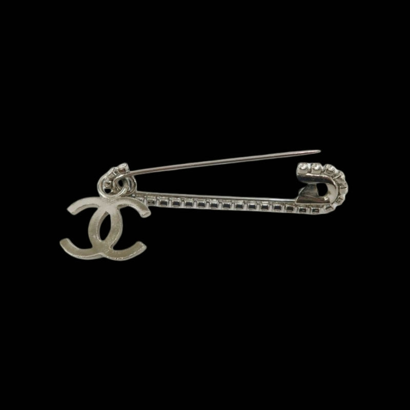 CHANEL Coco Mark Rhinestone Brooch Silver Hardware