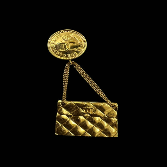 CHANEL Brooch, 26, Gold Plated, With Box, Bag Design, Gold Tone Alloy