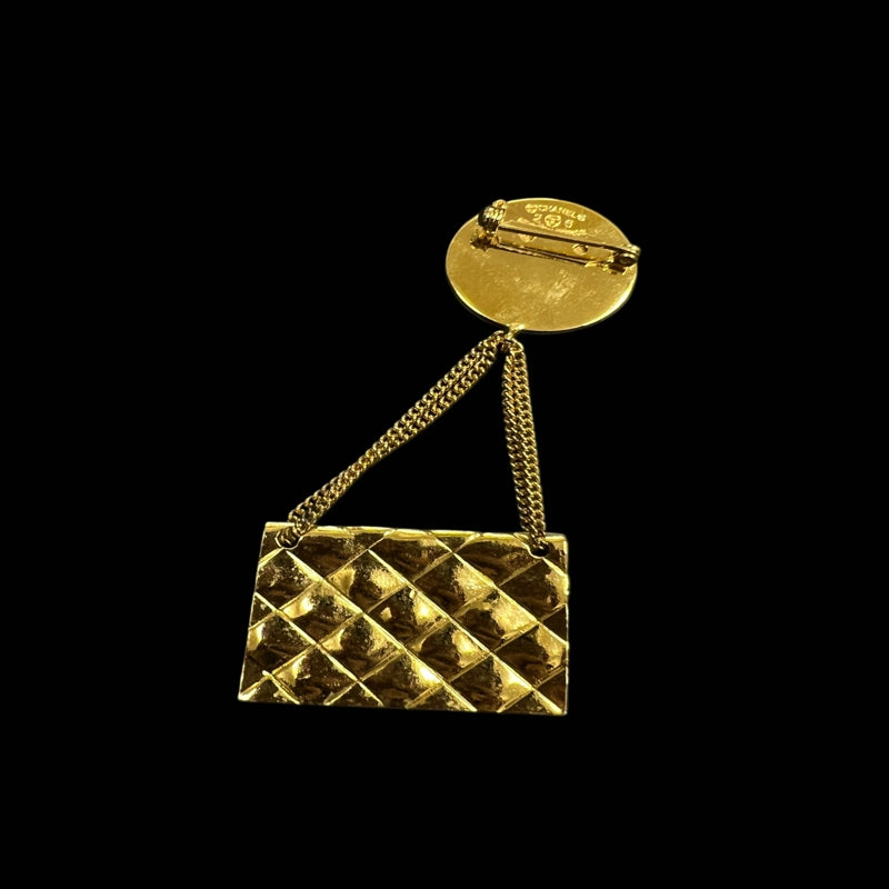CHANEL Brooch, 26, Gold Plated, With Box, Bag Design, Gold Tone Alloy