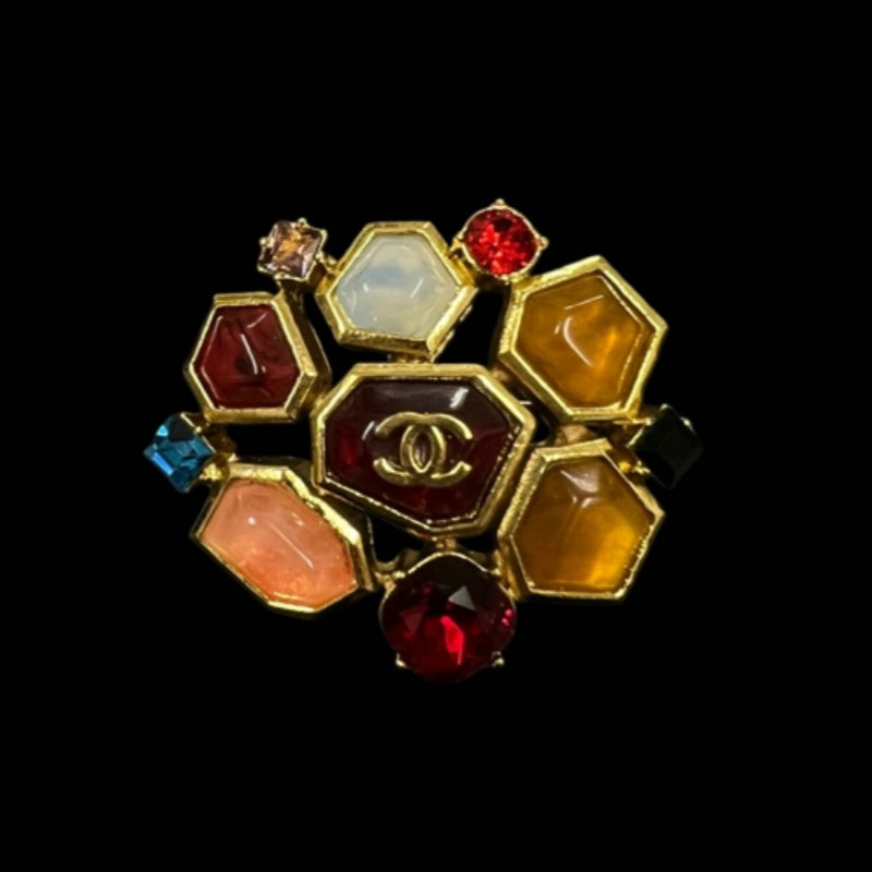 CHANEL Color Stone Coco Mark Brooch, Gold Tone, Alloy