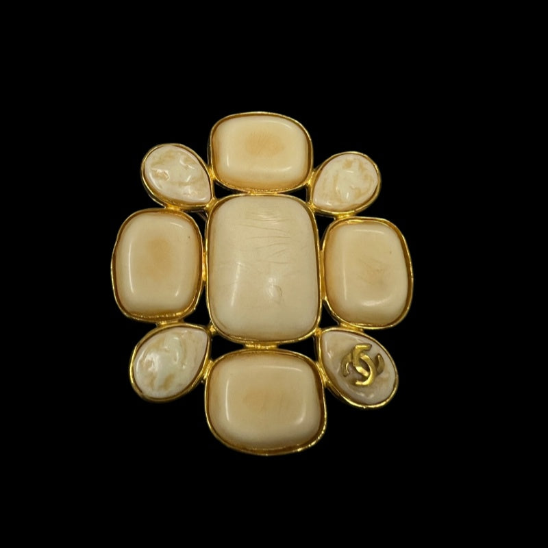 CHANEL Brooch, Gold Hardware, White Stone, With Box, Gold Tone Alloy