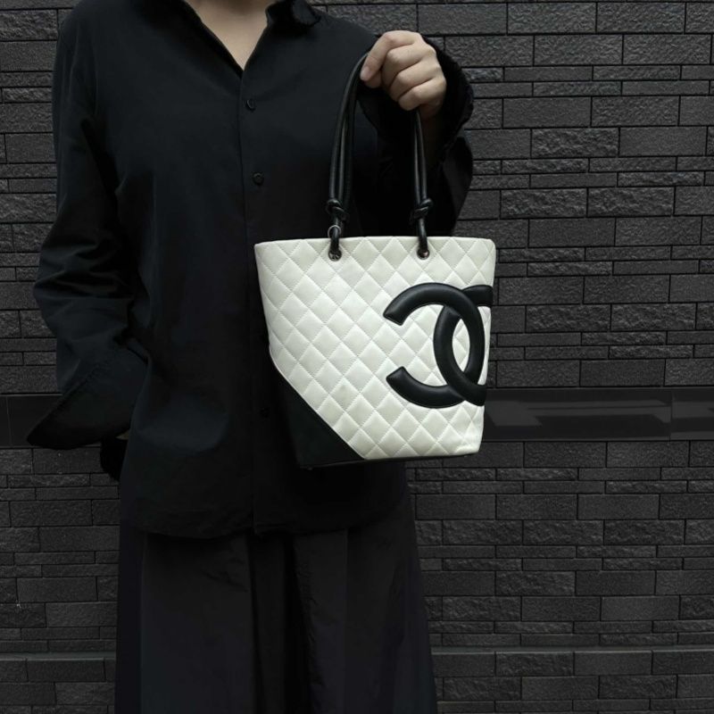 CHANEL Cambon Line Tote Bag (Shoulder Bag), Lambskin, White