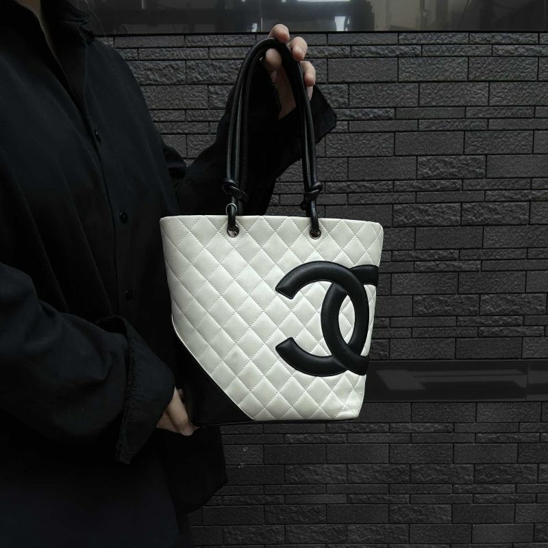 CHANEL Cambon Line Tote Bag (Shoulder Bag), Lambskin, White
