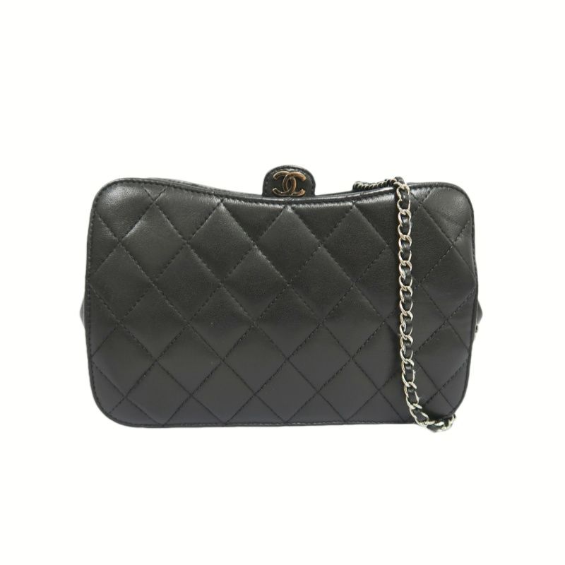 CHANEL Black Lambskin Quilted Chain Crossbody Bag with Silver Hardware