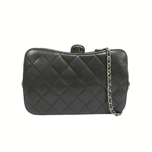 CHANEL Black Lambskin Quilted Chain Crossbody Bag with Silver Hardware